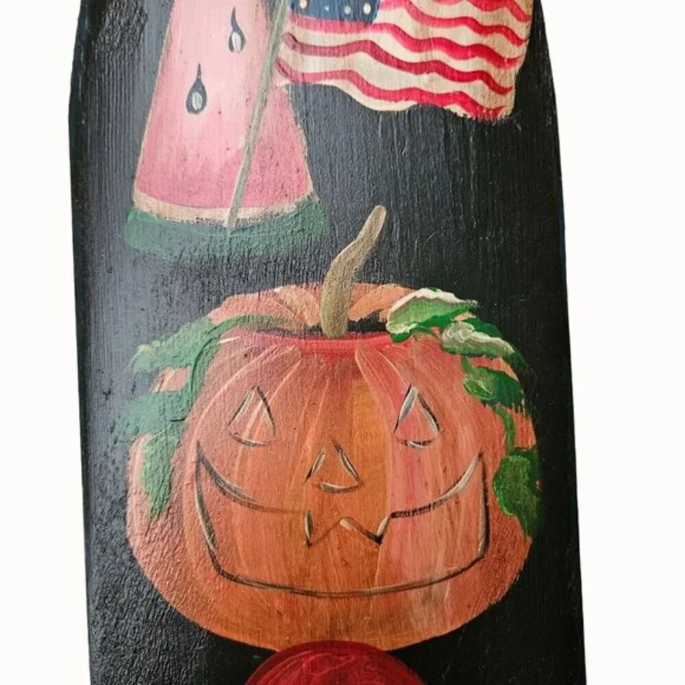 Seasonal‎ Wooden Hand Painted Plaque Folkart Decor Signed Xmas Fall Easter Vtg
